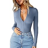 CSDAJIO Women's Casual Zip Up Long Sleeve Ribbed Top Basic Fall T-Shirt Fitted Knit Crop Tops Tight Undershirt