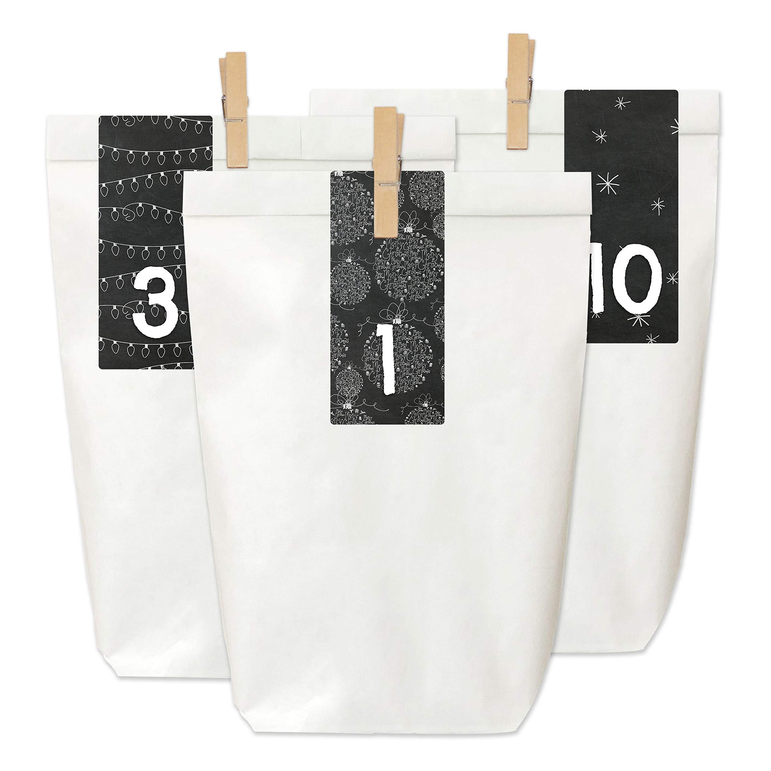 Papierdrachen Advent Calendar for filling - 24 paper bags with stickers and 24 wooden brackets - motif black and white - 33