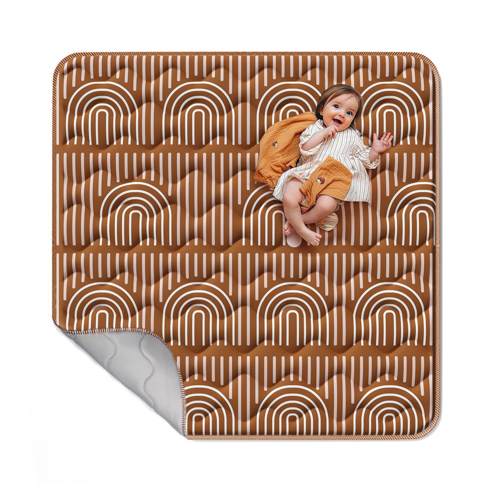 Photo 1 of Mallify Soft Thicker Baby Mat for Floor 50"x50", Non-Slip Baby Play Mat, Easy to Clean 50x50 Playpen Mat, Portable Playmat, Crawling Mat for Infants, Babies, Toddlers, Activity Mat, Rainbow, Brown