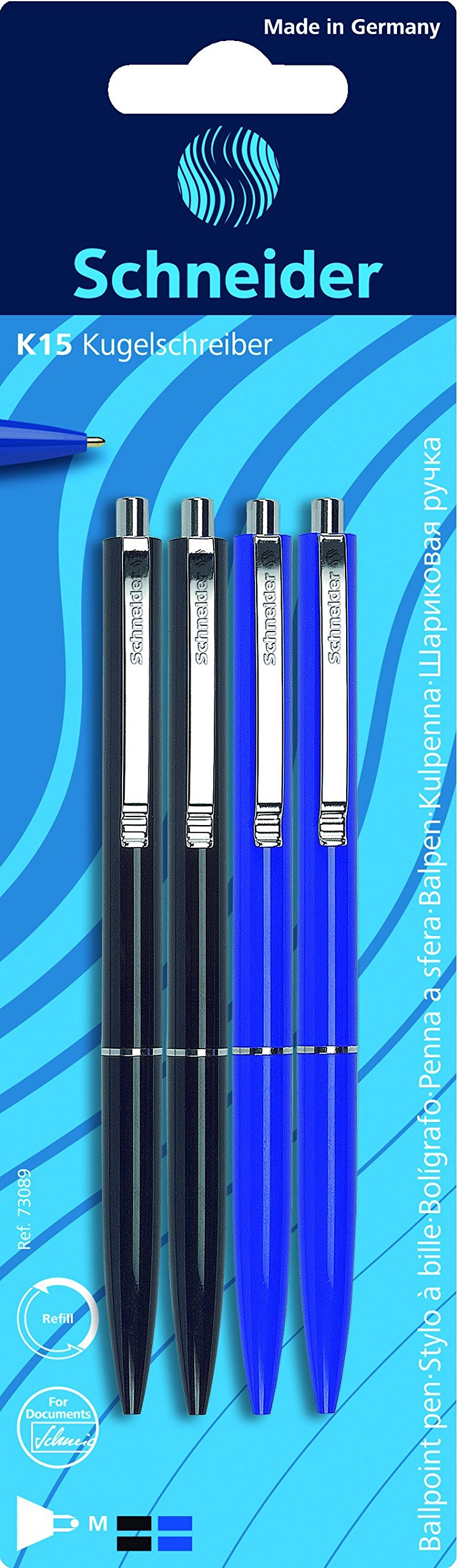 Schneider K 15 Retractable Ballpoint Pen (Indelible Refill - Line Width M, Ink Colour: Black/Blue) Pack of 4 Blister Card Black/Blue