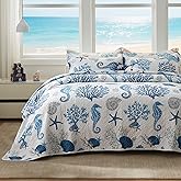 LEAONME Coastal Quilt Set King Size - Lightweight Microfiber Reversible Bedspread, 98''x106'', Sea Blue, Includes 2 Shams
