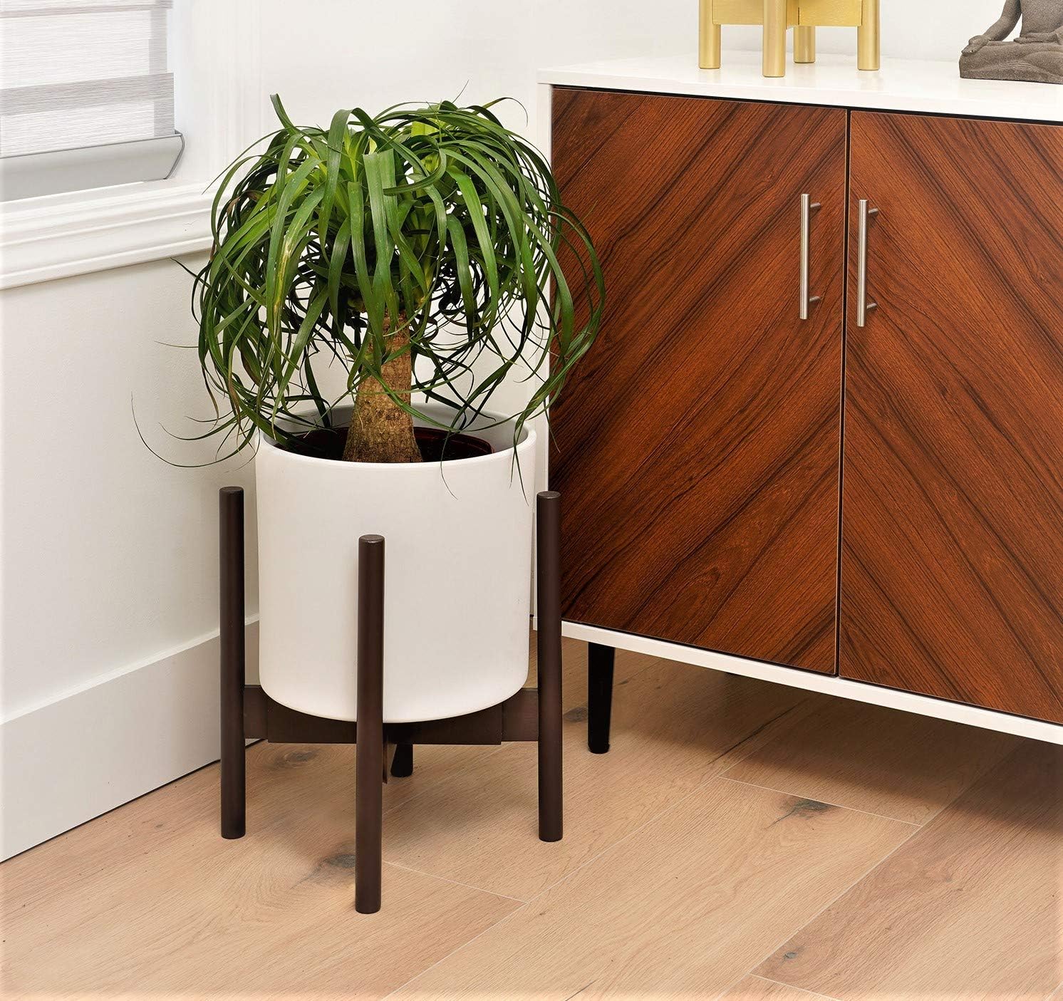 ZPirates Plant Stand for Indoor Plants - Planter Tray Included - Adjustable Size Fits 8 9 10 11 12 Inches Plant Pots - Mid Century Modern Plant Decor - Brown-Bronze Bamboo Wood : Garden & Outdoor