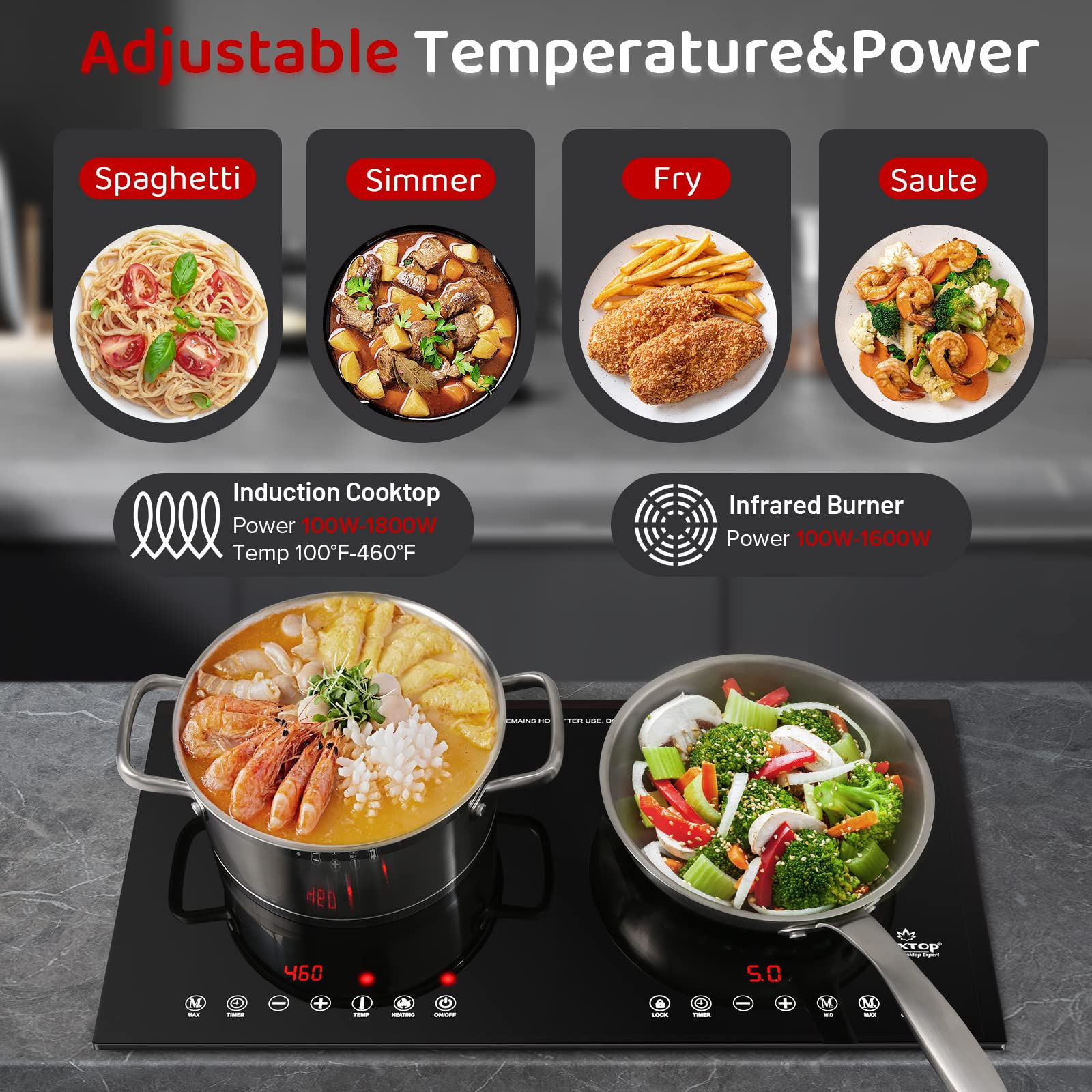 Duxtop 1800W Induction Cooktop 2 Burner, Built-In Induction Burners, Double Induction and Infrared Cooktop, Electric Hot Plate for Cooking, Electric Stove with Sensor Touch Control, 9820HLBI