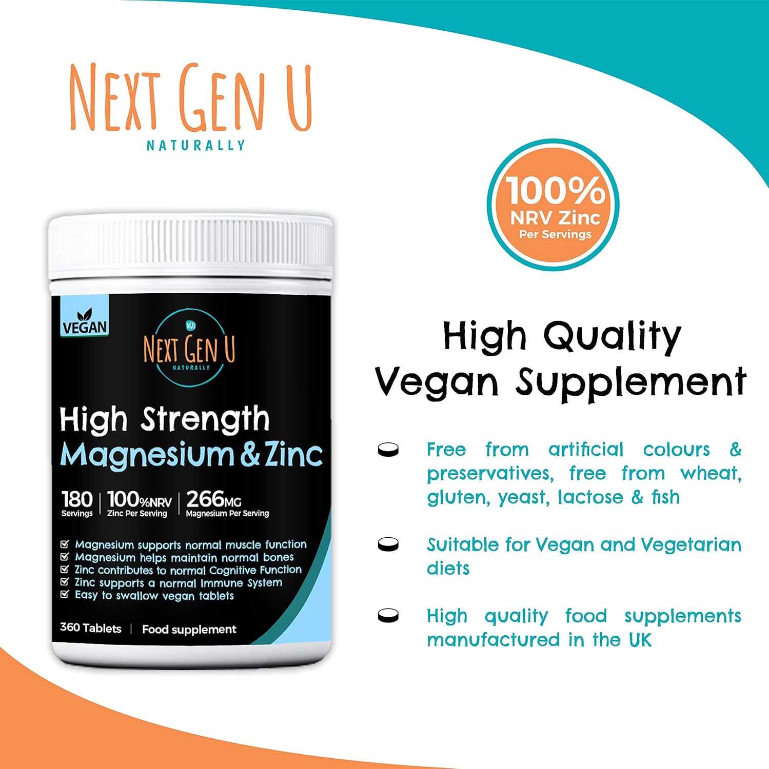 High Strength Magnesium and Zinc Tablets 360 Vegan Tablets 100 NRV