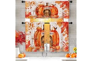 Arttown Autumn Rustic Wood Kitchen Curtains with Valance and Tier Sets 36 Inch, 3 Pieces Farmhouse Pumpkin Fall Leaf Rod Pocket Drapes Window Treatment Curtains for Kitchen Over Sink Dining Room Decor