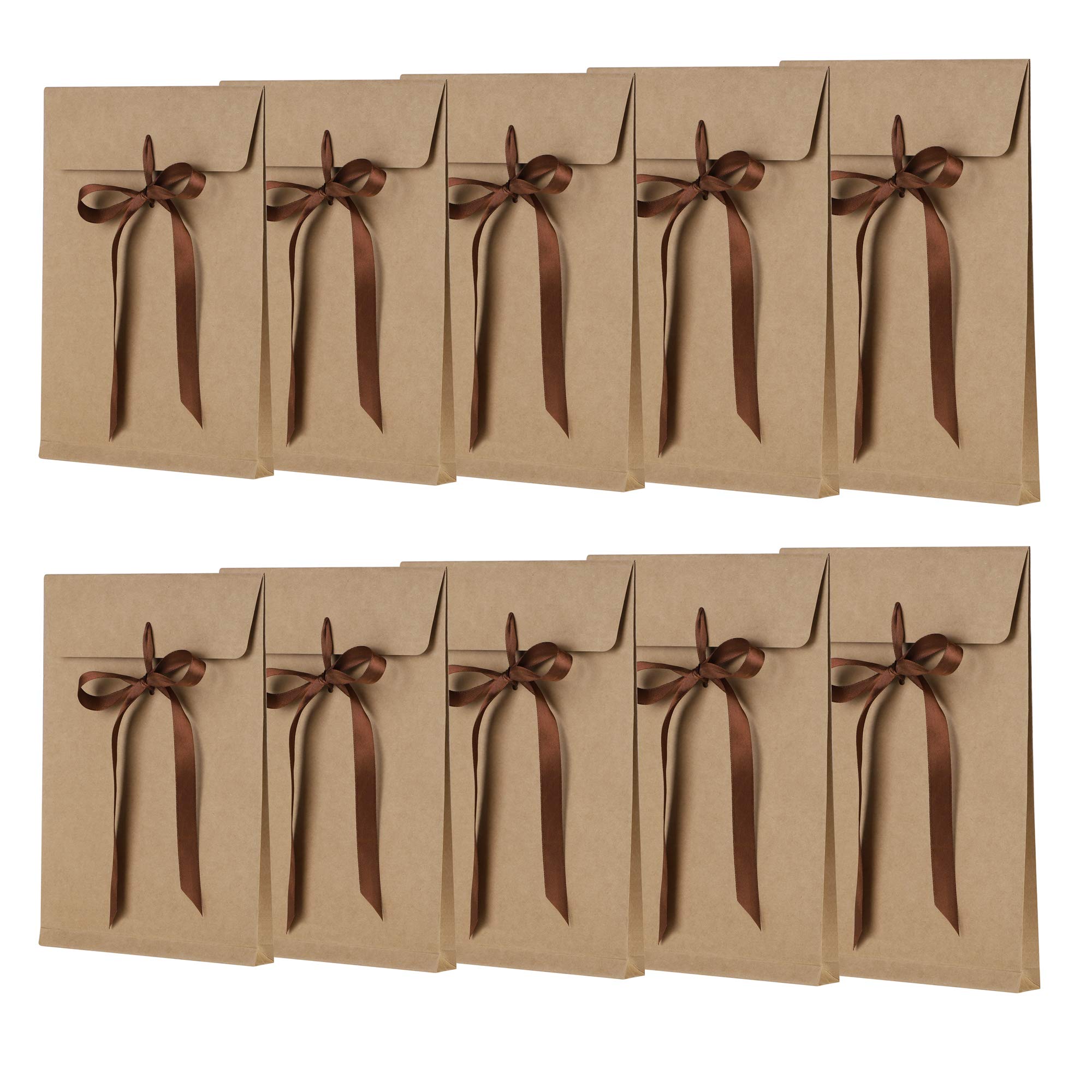 10Pcs Envelope Gift Box Kraft Present Bag, Paper Gift Box 18 * 27 * 2.6cm with Lid & Satin Decorative Ribbon, Textured Christmas Birthday Present Boxes for Shirt, Silk Scarf, Letter, Small Gift