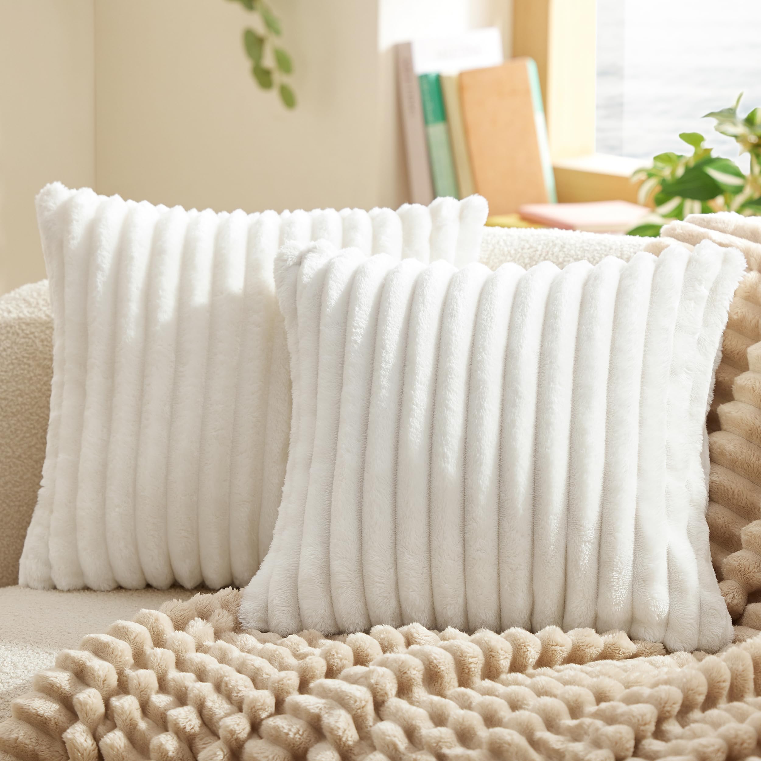 Photo 1 of Bedsure White Throw Pillow Covers 18x18 Set of 1, Soft Decorative Fluffy Striped Sofa Pillow Covers, Home Decor for Living Room Couch Bed