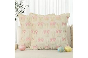 AVOIN colorlife Easter Bow Rabbits Beige Throw Pillow Covers, 18 x 18 Inch Bunny Soft Plush Faux Fur Jacquard Cushion Case De