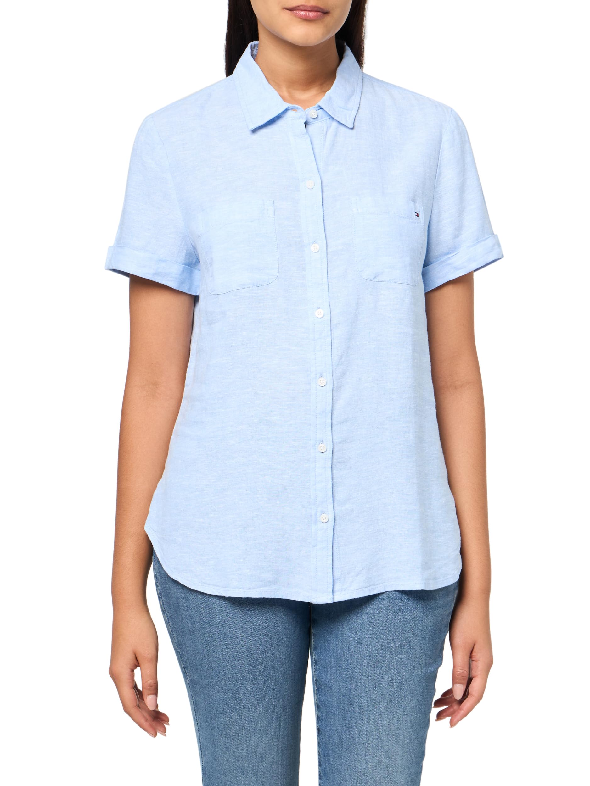 Tommy Hilfiger Womens Women’s Camp Shirt, Light Blue/White, X-Large