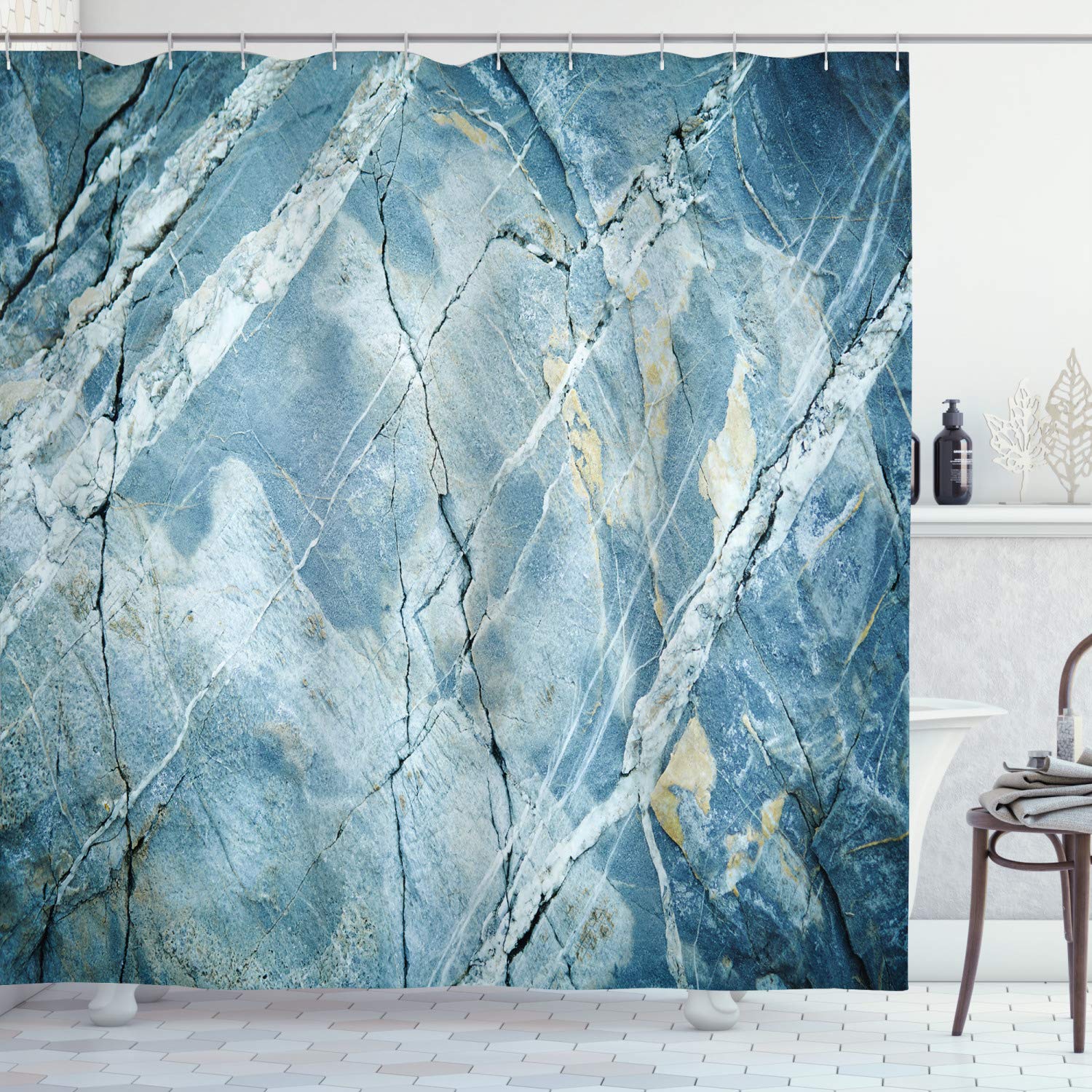 ABAKUHAUS Marble Shower Curtain, Exquisite Granite Stone Architecture Floor Nature Faded Rock Picture, Cloth Fabric Bathroom Decor Set with Hooks, 175 x 200 cm, Pale Blue-Grey