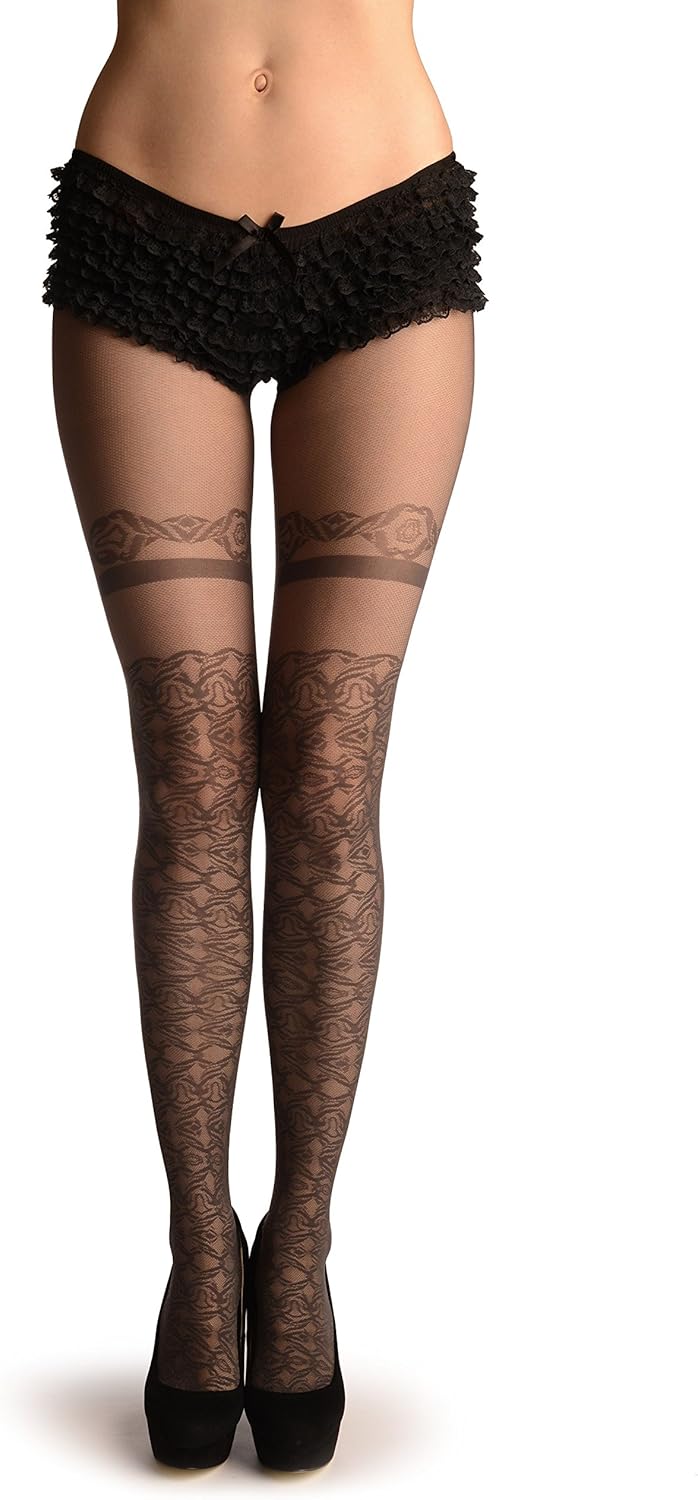 Grey With Geometrical Faux Stockings & Garter Pantyhose (Tights) at