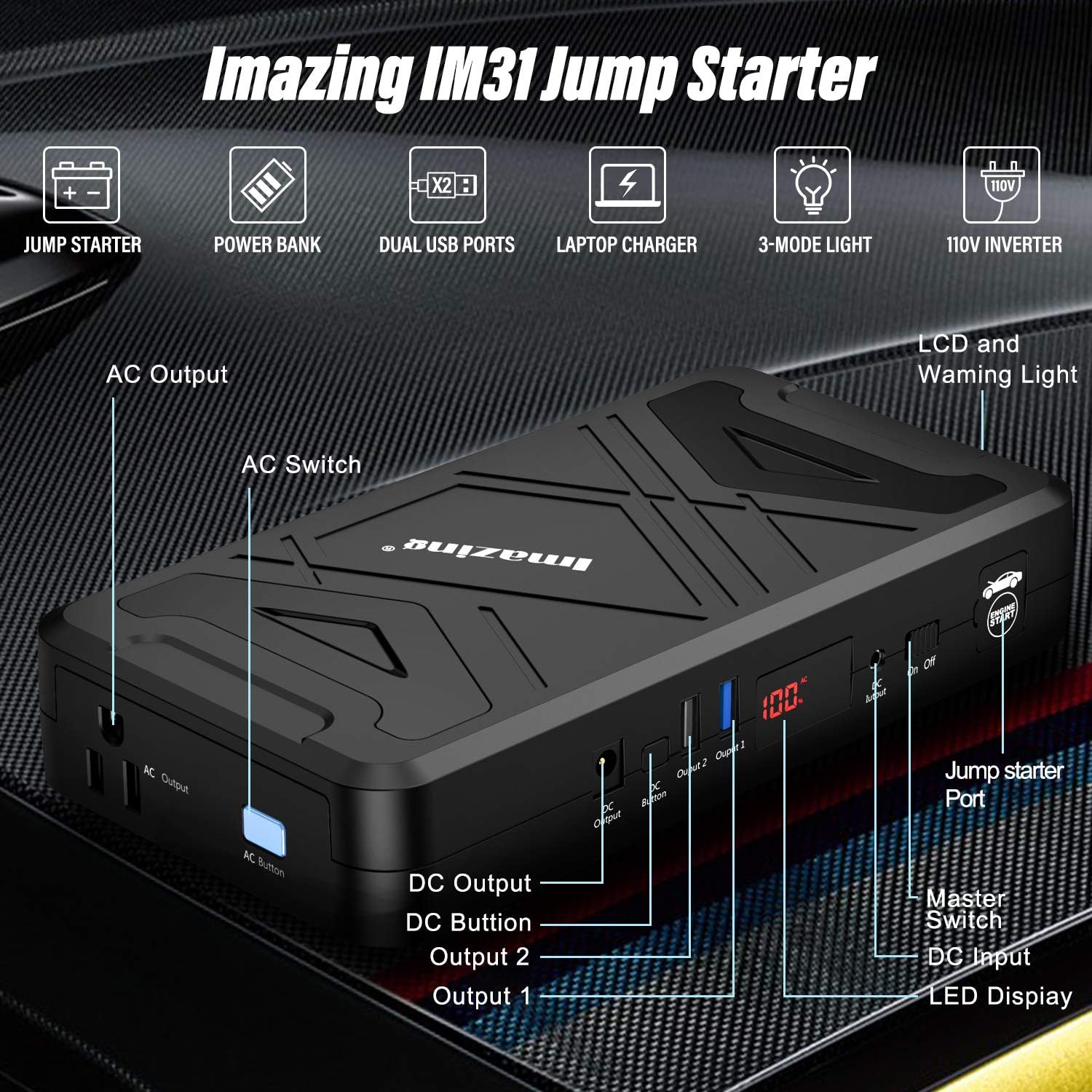 Imazing Portable Car Jump Starter 1500A Peak IM23 12V Auto Battery