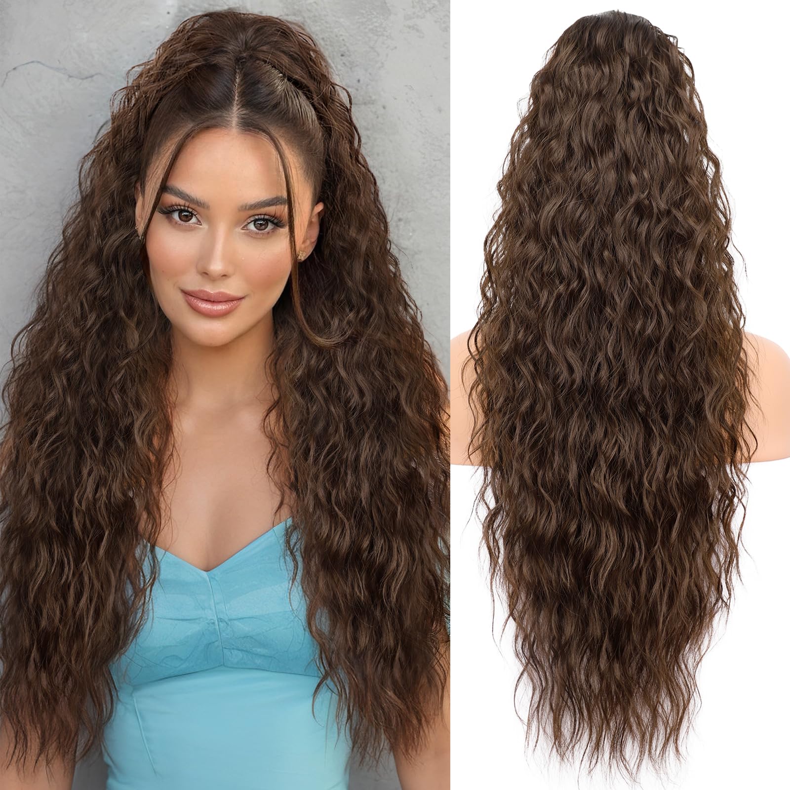 Photo 1 of KooKaStyle Ponytail Extensions, 30 Inch Drawstring Clip-on Long Wavy Ponytail Synthetic Curly Hairpieces for Women and Girls (30 Inch, Medium Brown)