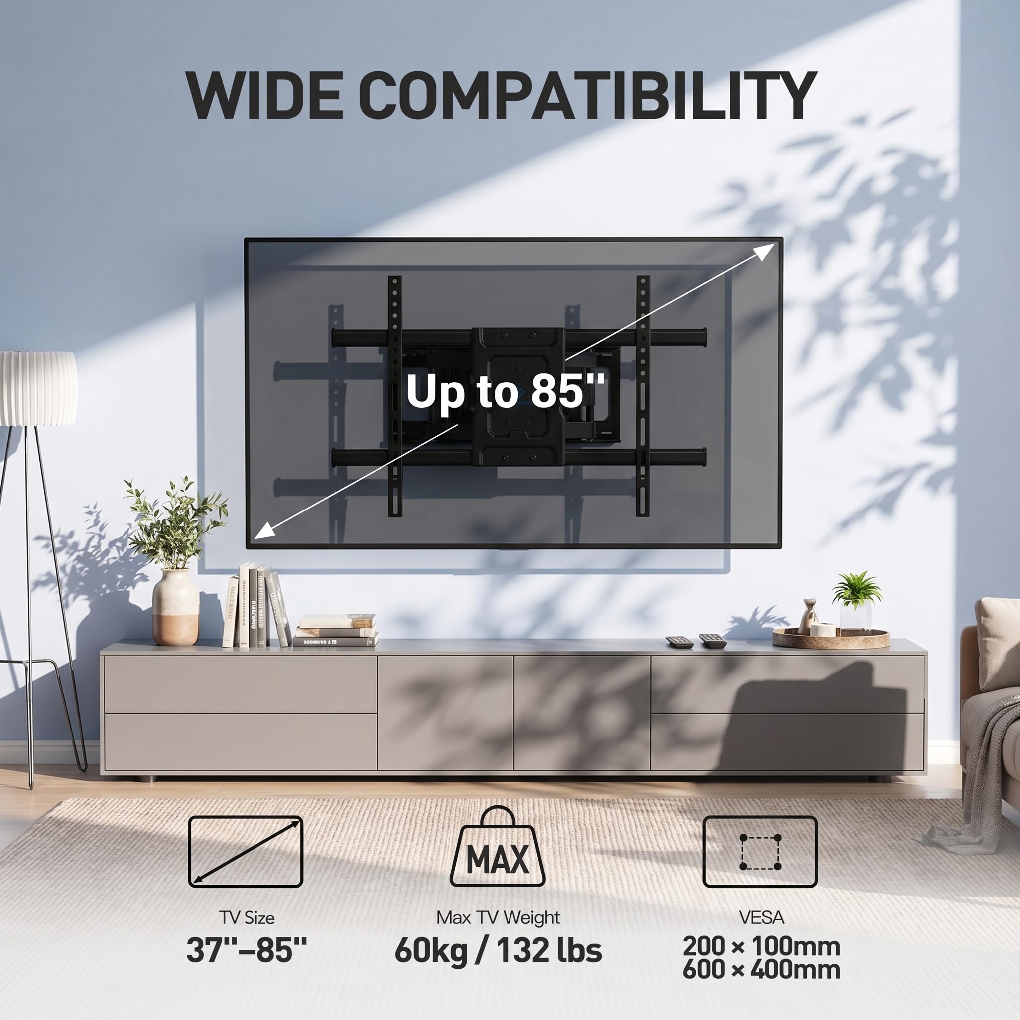 PERLESMITH TV Wandhalterung, für 37-85 Zoll Fernseher bis zu 60 kg, Schwenkbar Neigbar TV Halterung 55 65 Zoll, Wandhalterung Fernseher Max. VESA 600x400 mm 2