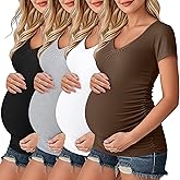 Ficerd 4 Pack Womens Maternity T-Shirts, V Neck Pregnancy Clothes Casual Short Sleeve Side Ruched Pregnant Shirts