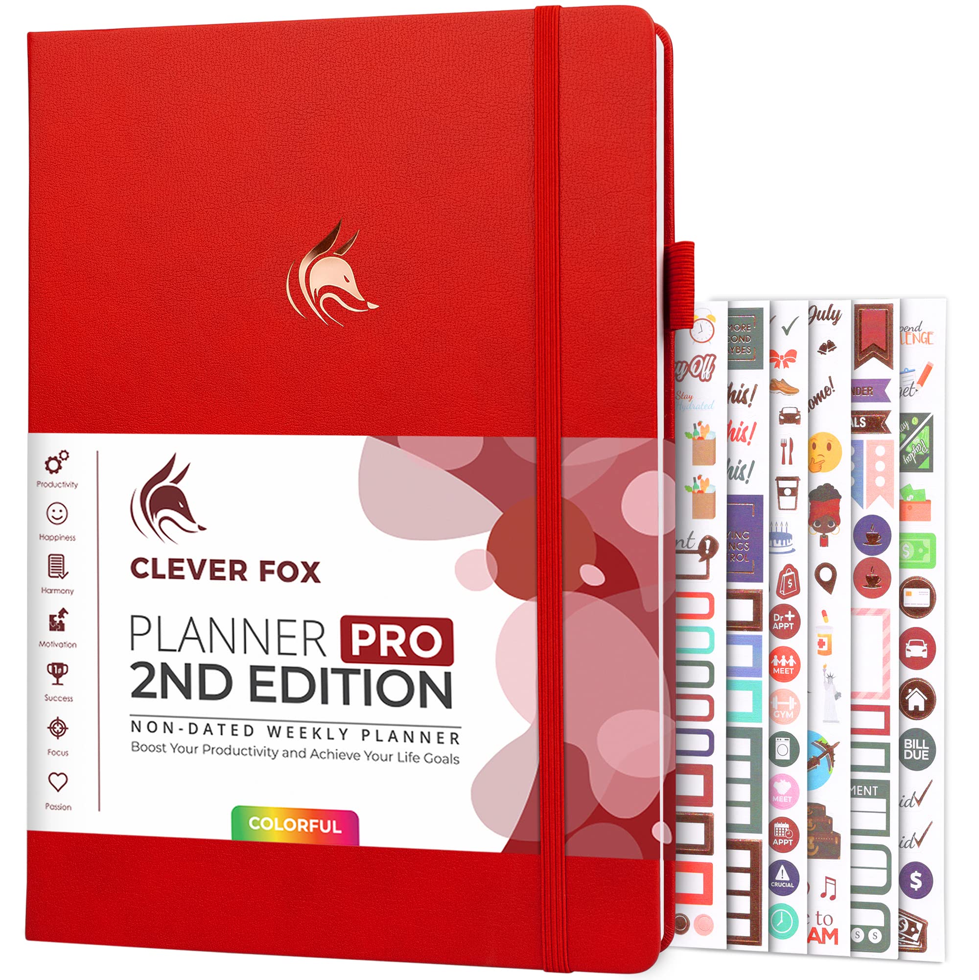 Clever Fox Planner PRO 2nd Edition – Undated Weekly Agenda for Tasks & Time Management – Life Organizer with To-do List, 21.5x28cm (Red)