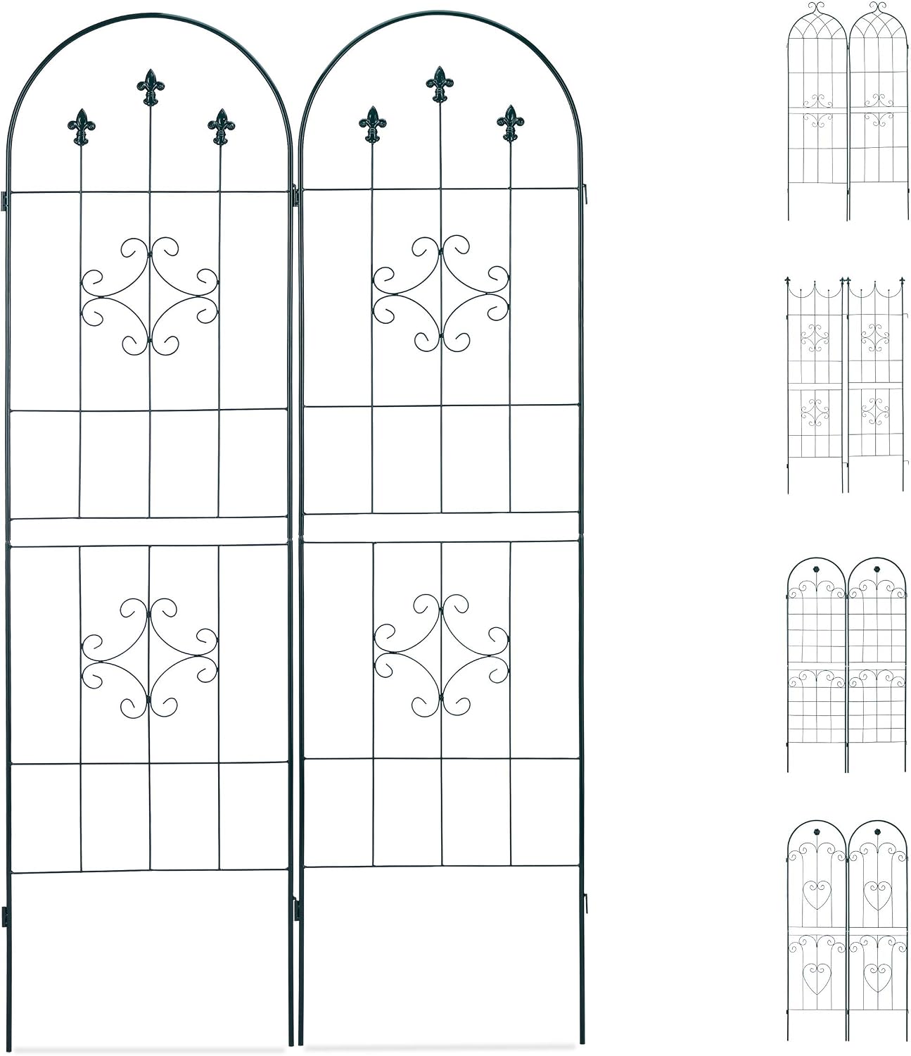 Relaxdays Trellis Set of 2, Metal, 180 x 50 cm, Garden Climbing Aid, Vintage, Ornate Tips + Arch, Freestanding, Green