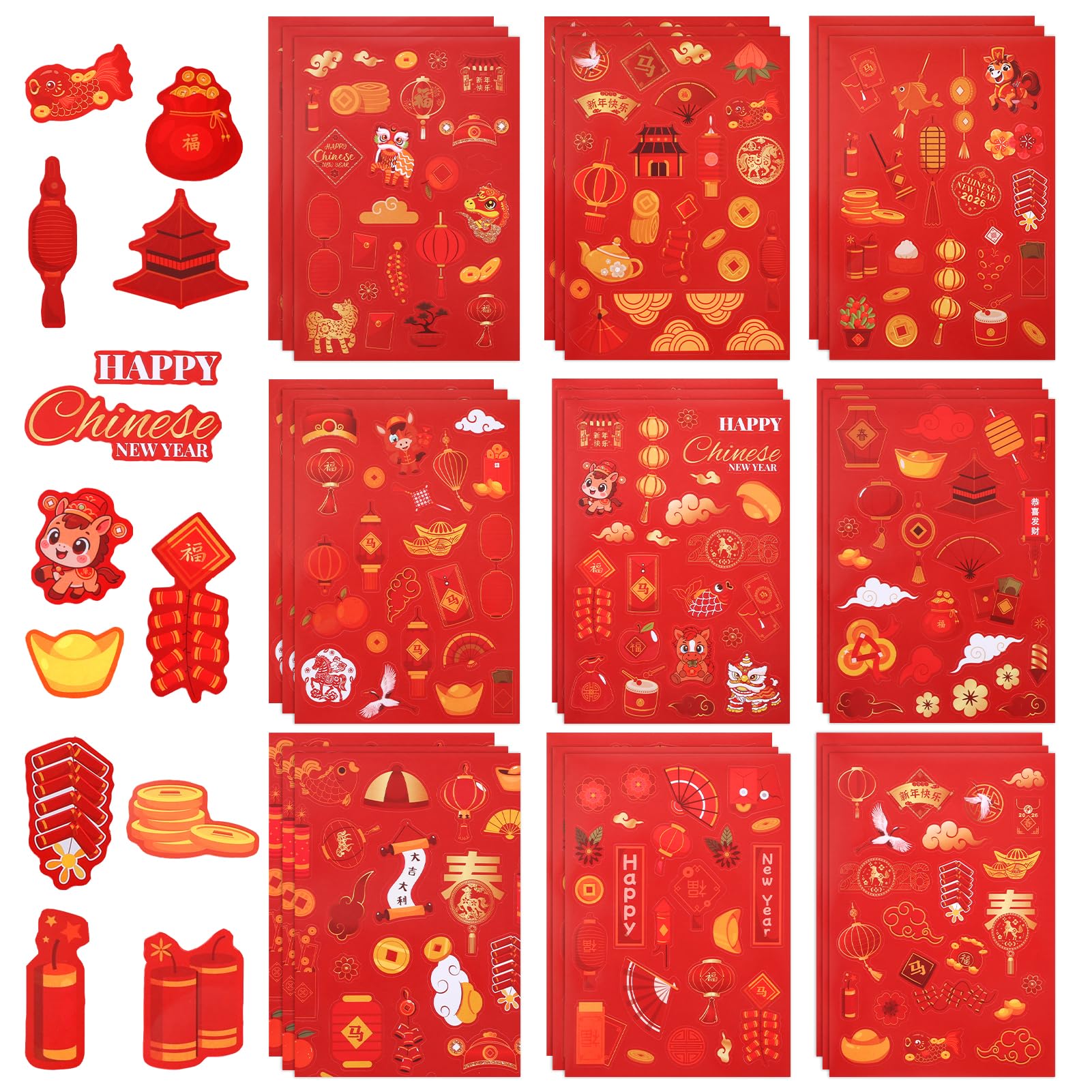 Photo 1 of 27 Sheets Chinese New Year Stickers Lunar New Year Stickers Year of The Horse 2026 Self Adhesive Stickers Spring Festival Decals Stickers for Happy Chinese New Year Decorations Party Supplies