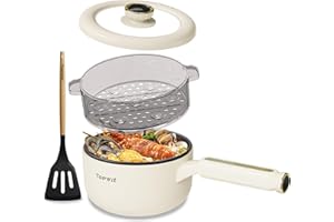 TOPWIT Hot Pot Electric with Steamer, 2L Multifunctional Electric Pot, Non-Stick Fring Pan, Portable Pot for Steak, Fried Rice, Ramen, Soup with Dual Power Control (Silicone Spatula Included), Beige