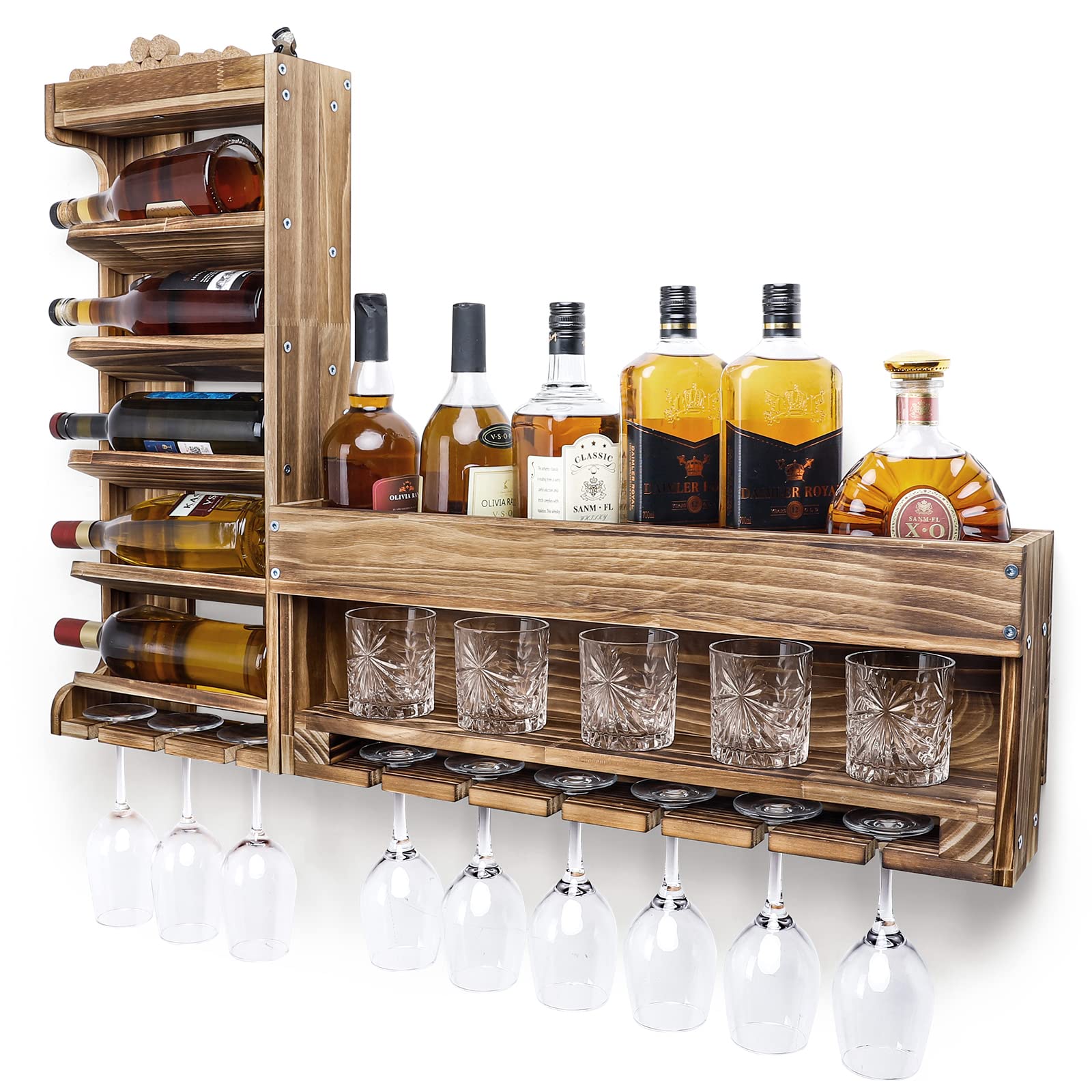 Photo 1 of Homde Wine Rack Wall Mounted Wood,Alcohol Shelf with Bottle Stemware Glass Holder Rustic Whiskey Display Storage with Cork Storage for Home Bar Kitchen Decor (Regular Without LED)
