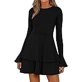PRETTYGARDEN Womens Flared Long Sleeve Bodycon Mini Dress Formal Tiered Crewneck Slim Fit A Line Fall Short Cocktail Dresses