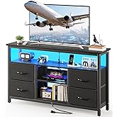 Haewon Black TV Stand with LED Lights and Power Outlets, Entertainment Center for 55 inch TV, Media Console Table with 4 Fabric Drawers and Open Shelf for Living Room, Wood Top and Metal Frame