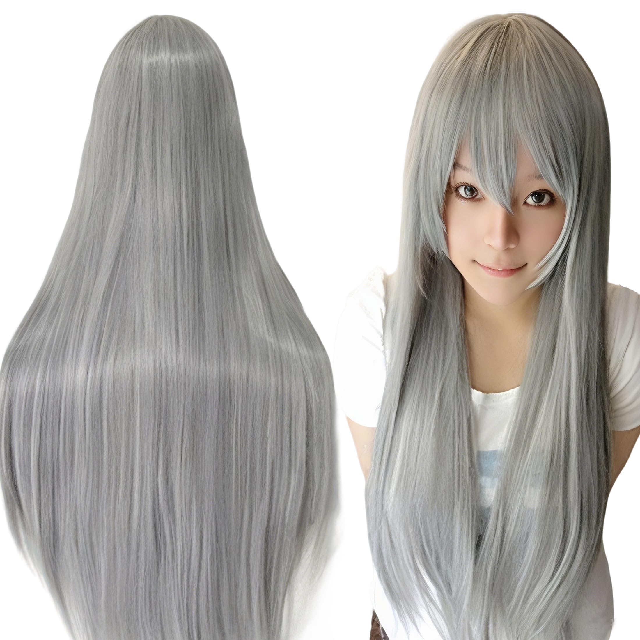 IMISSU 80cm Long Straight Natural Hair Cosplay Wigs with Bangs Colorful Halloween Costume Party Wig for Girl (Gray)
