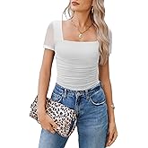 Avidlove Women's Short Sleeve Bodysuit Square Neck Sheer Mesh Bodysuit Leotard Ruched Thong Body Date Outfits Going Out Tops