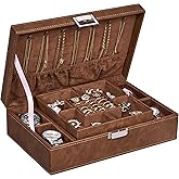 BEWISHOME Mens Jewelry Box, Jewelry Box for Men Women, Jewelry Organizer Box with 4 Watch Storage Case and Removable Tray, 2 Layer Jewelry Storage Case for Necklace Earring Ring Bracelet, Brown SSH07Z