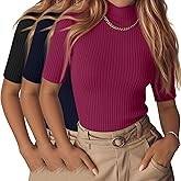 Neer 3 Pack Women's Half Sleeve T-Shirts, Mock Turtleneck Elbow Length Tee Ribbed Slim Fit Casual Summer Tunic Tops