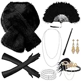 8 Pcs 1920s Flapper Costume Accessories Set Headband Earrings Gloves Feather Fan Faux Fur Shawl Holder Pearl Necklace Bracelet(White, Black, Gold, Exquisite Style)