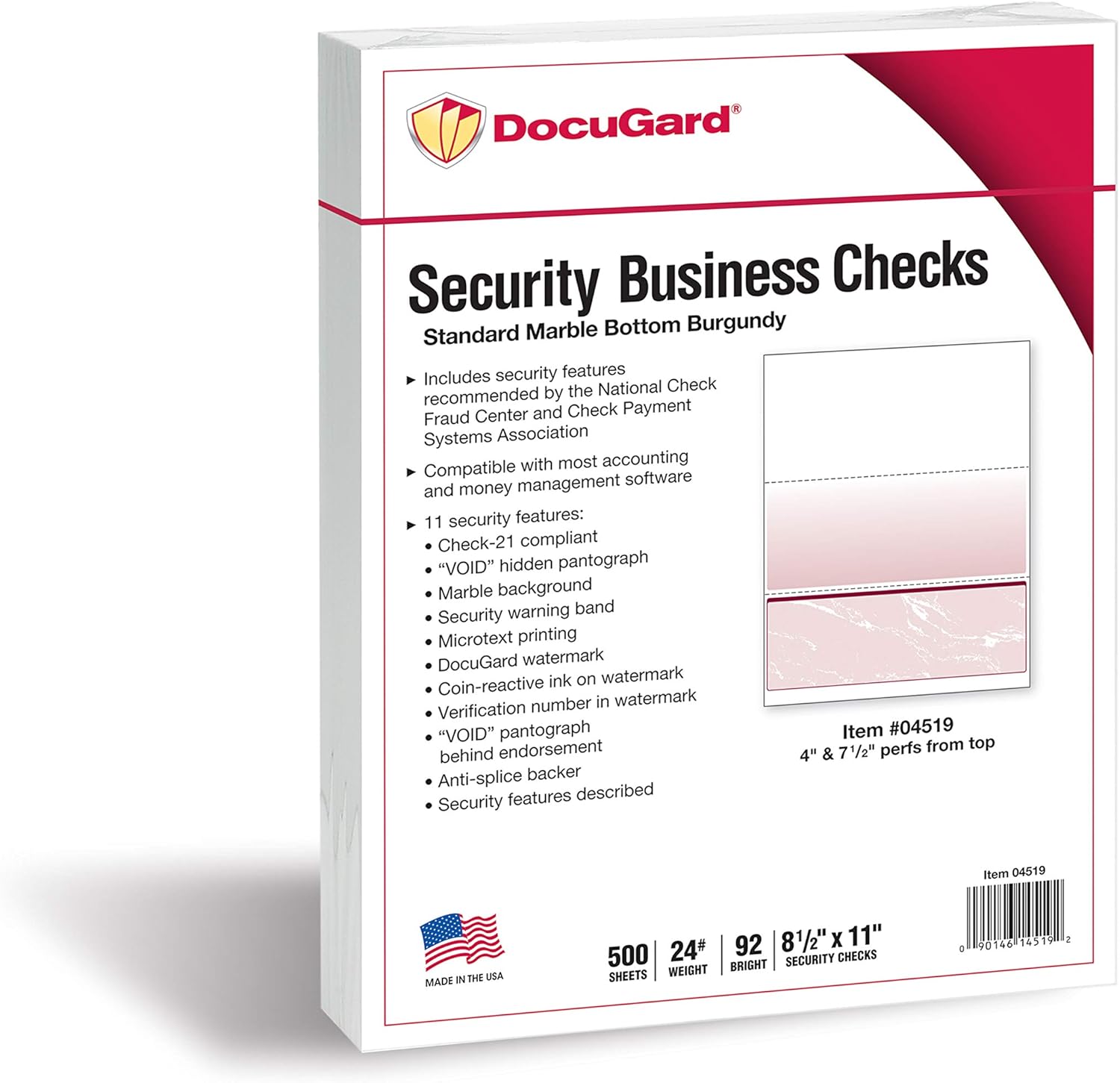 DocuGard Burgundy Marble Bottom Check, 8.5 x 11 Inches, 24 lb, 500 Sheets, 1 Check Per Sheet (04519) : Office Products