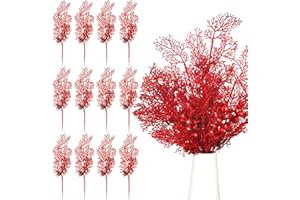 Tigeen 12 Pcs Christmas Tree Picks Bulk Christmas Tree Filler Glitter Branches Berries Stems Floral Decorations 15.75'' Xmas Twigs Berry Picks for Vase (Red)
