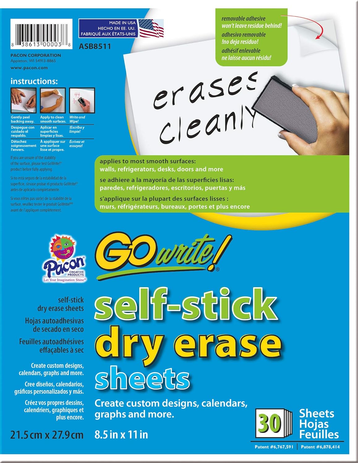 GoWrite! PACASB8511 Self-Adhesive Dry Erase Sheets, White, 8-1/2" x 11", 30 Sheets: Industrial & Scientific