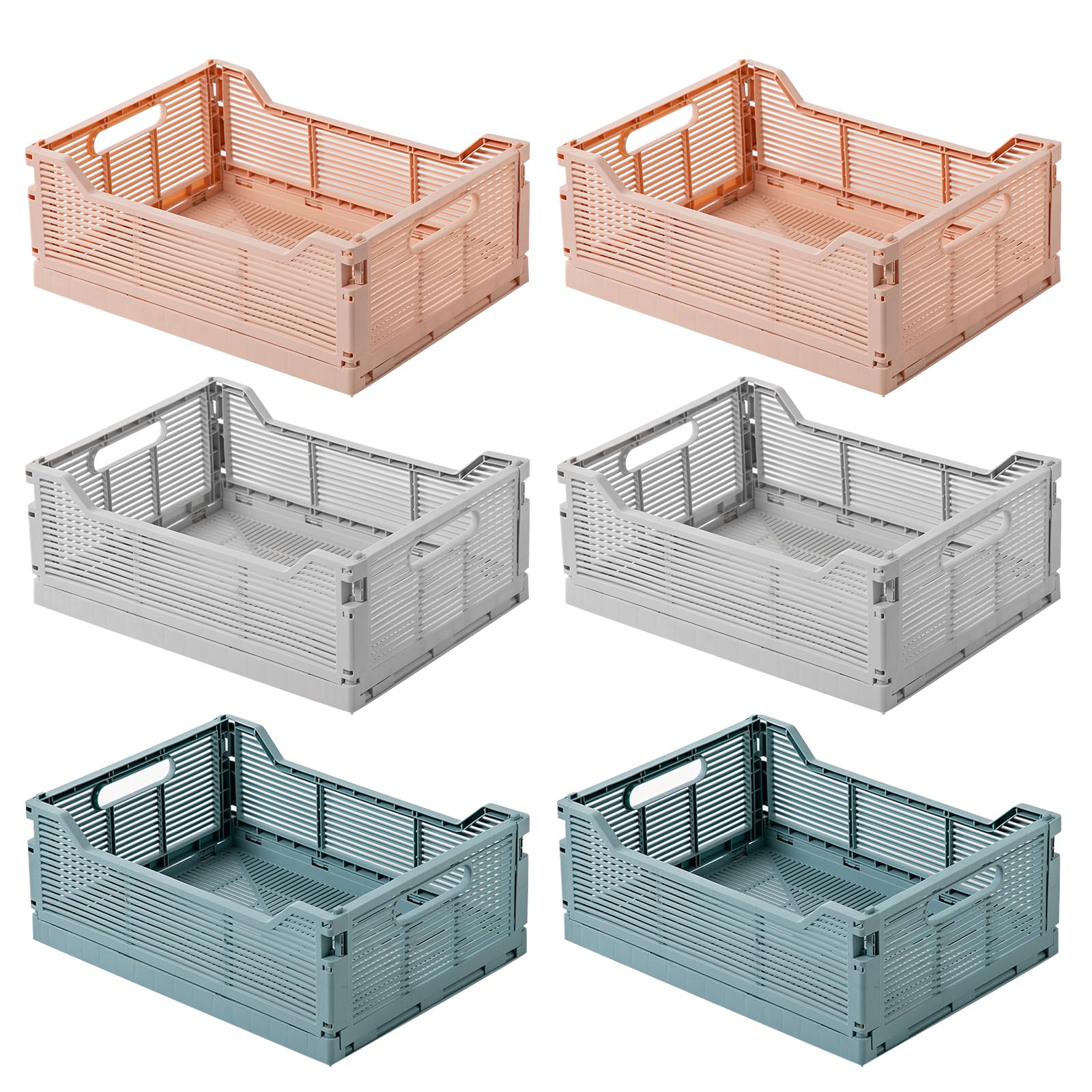 Klyuqoz Stackable Storage Baskets Pastel Crates Pack of 6 Folding Crate Desktop Organizer Basket Crates Storage boxes for Home Office Bedroom Medium(8.7L x 6W x 3.5H in) Blue Grey Pink