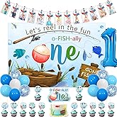 Wonmelody Ofishally One Birthday Decorations Ofishally One Let’s Reel in the Fun Backdrop Banner Little Fishman Photo Banner Cake Topper Fishing 1st Bday Party Decorations Gone Fishing 1st Bday