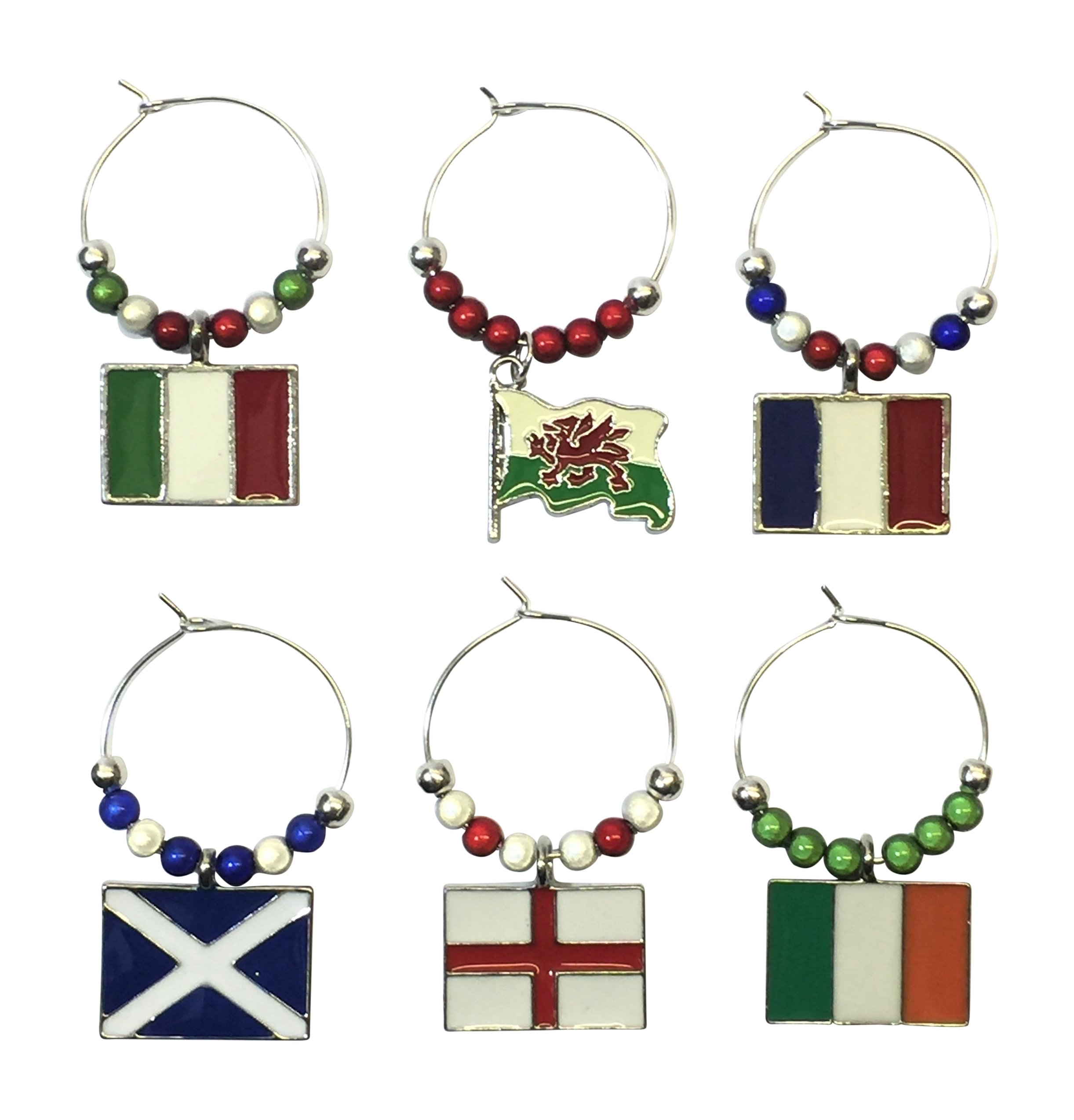 Libby's Market Place Set of 6 Handmade Rugby Six Nations Wine Glass Charms (Gift Box)