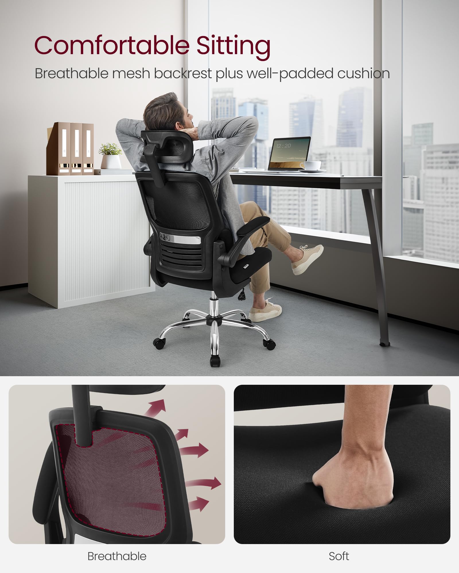 VASAGLE Office Chair, High Back Mesh Chair for Computer Desk, Adaptive Lumbar Support, Ergonomic, Foldable Armrests, Adjustable Headrest, Tilt Function, for Home Office, Ink Black UOBN040B21