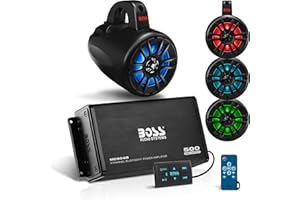 BOSS Audio Systems UNI4RGB ATV UTV Marine Boat IPX5 Weatherproof 4 Inch Stereo Wake Tower Speakers (x4) And 4 Channel Weatherproof Bluetooth Amplifier
