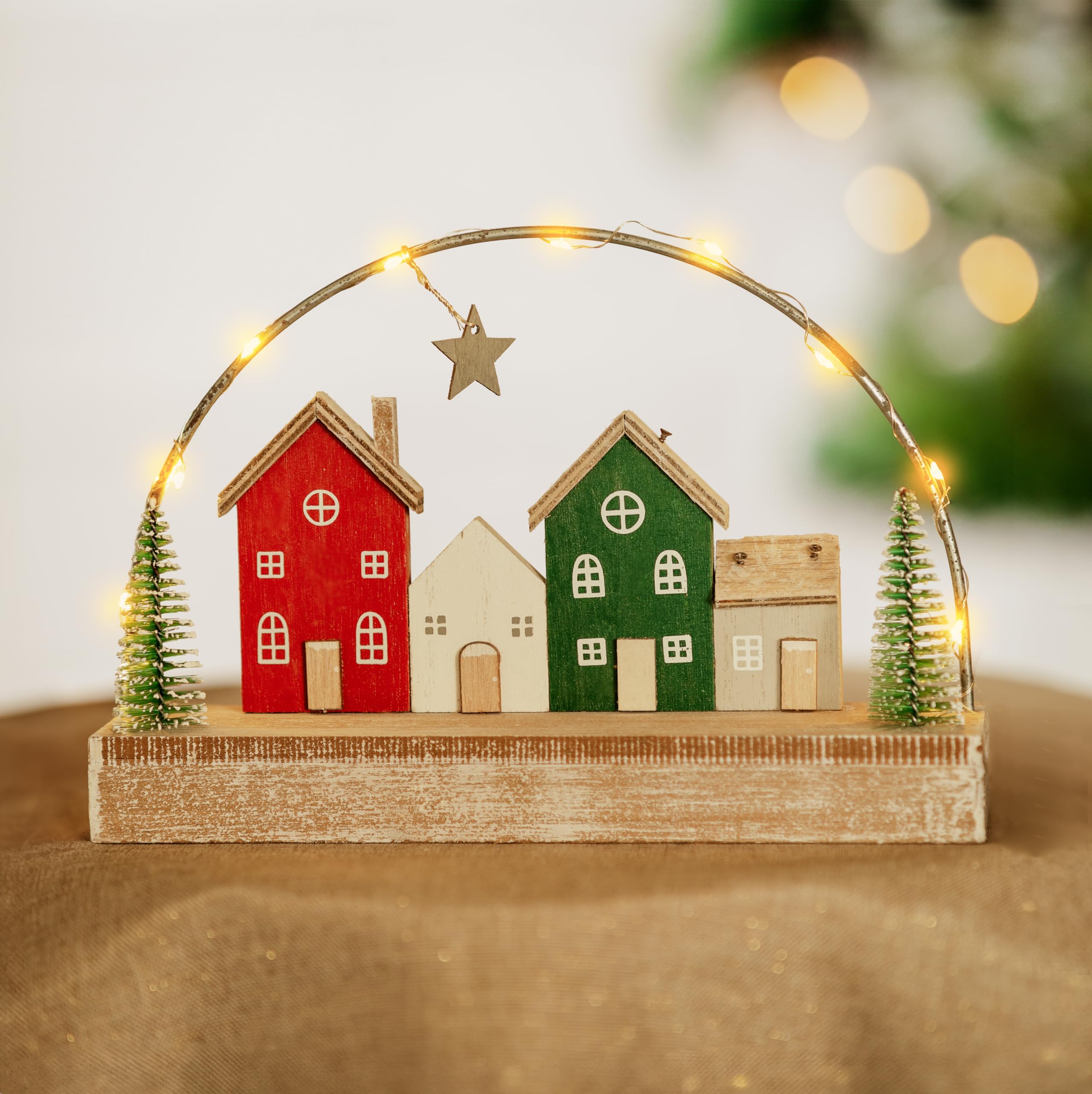 Marco Paul Large LED Light-Up Christmas Village Scene – 25 cm Wooden Pre-Lit Ornament with Warm White LEDs – Festive Nordic Christmas Decoration for Table & Mantel Home Décor Display