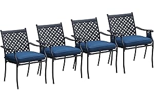 LOKATSE HOME 4 Piece Outdoor Patio Metal Wrought Iron Dining Chair Set with Arms and Seat Cushions - Blue