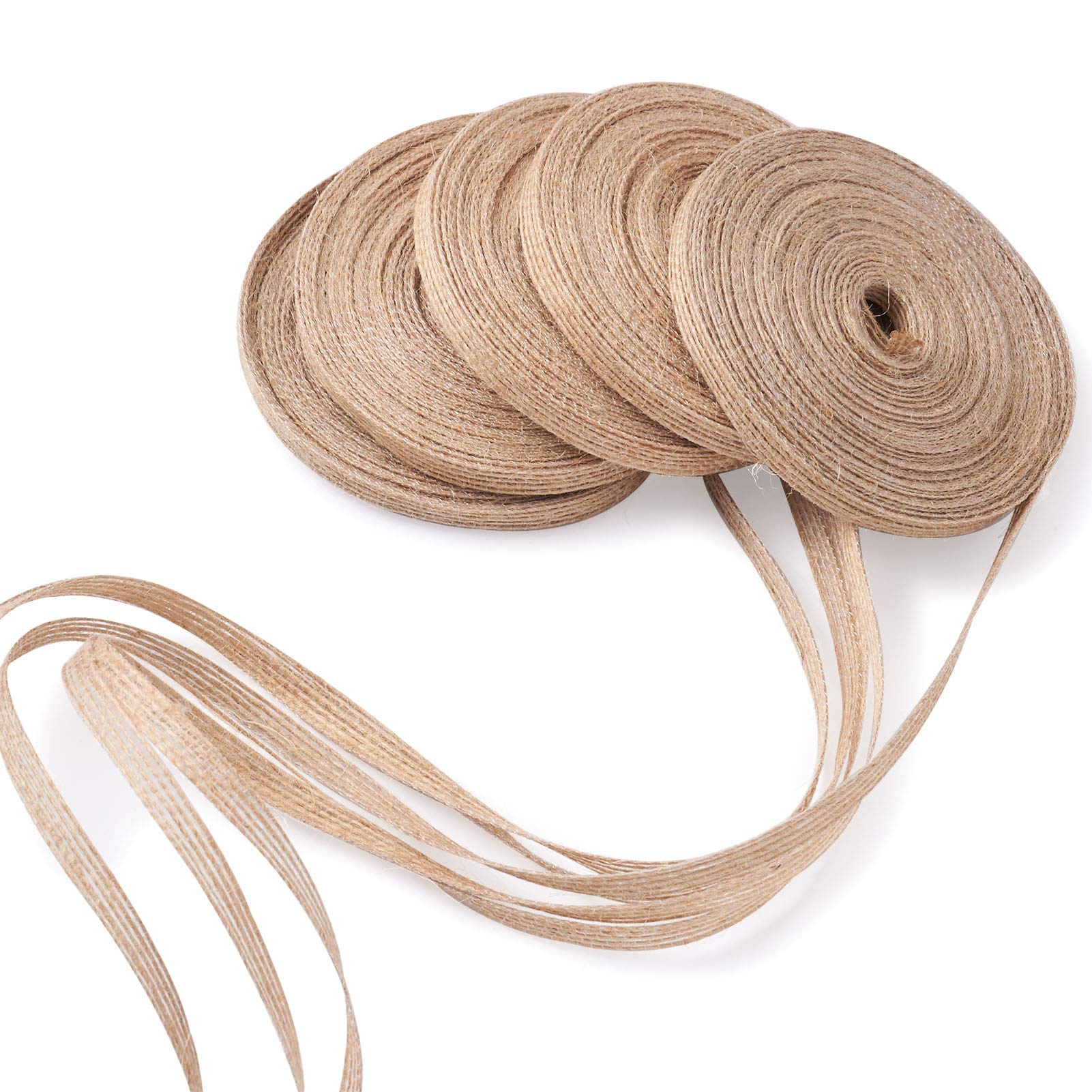 Photo 1 of Pandahall 5 Rolls Natural Burlap Fabric Ribbon 1/4 inches Tan Jute Linen Ribbon Rolls for Party Decoration, DIY Crafts Gift Wrapping Christmas Making