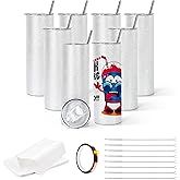 AGH 8 Pack Glitter Sublimation Tumblers - 20 oz Skinny Straight, White Double Wall Stainless Steel Insulated Cups with Straw, Straw Brush, Shrink Wrap, and Heat Resistant Tape.