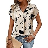 Gaharu Women's Summer Work Blouse V Neck Short Sleeve Lapel Shirt Top Tunic