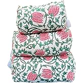 Set of 3 Pieces Block Print Designer Toiletry Bag & Makeup Case - Boho Floral Quilted Pouch for Cosmetics, Skincare - Waterproof Lined Organizer for Diaper Bag, Purse, Travel, Gift, Pencils