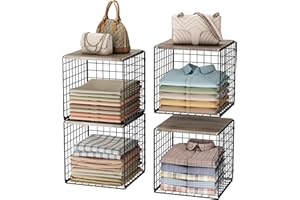 UMDONX 4 Pack Closet Storage Organizer Stackable Clothes Bins, Cupboard Shelf Basket with Top Board Insert Wardrobe Wire Rack