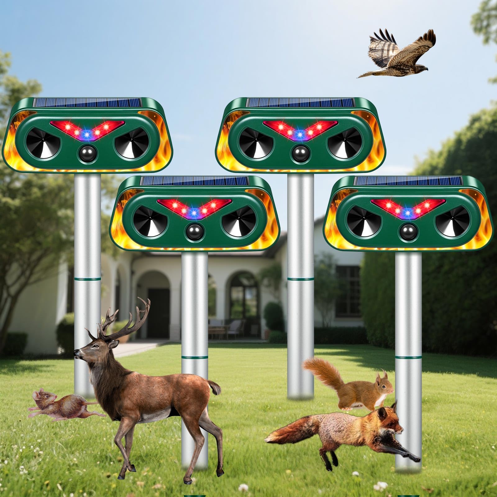 Photo 1 of Solar Ultrasonic Animal Repellent Outdoor Deer Repellent Devices Waterproof Cat Deterrent with Flash Light Motion Sensor to Keep Squirrel Raccoon Rabbit Skunk Dog Coyote Out of Yard Garden(4Pack)