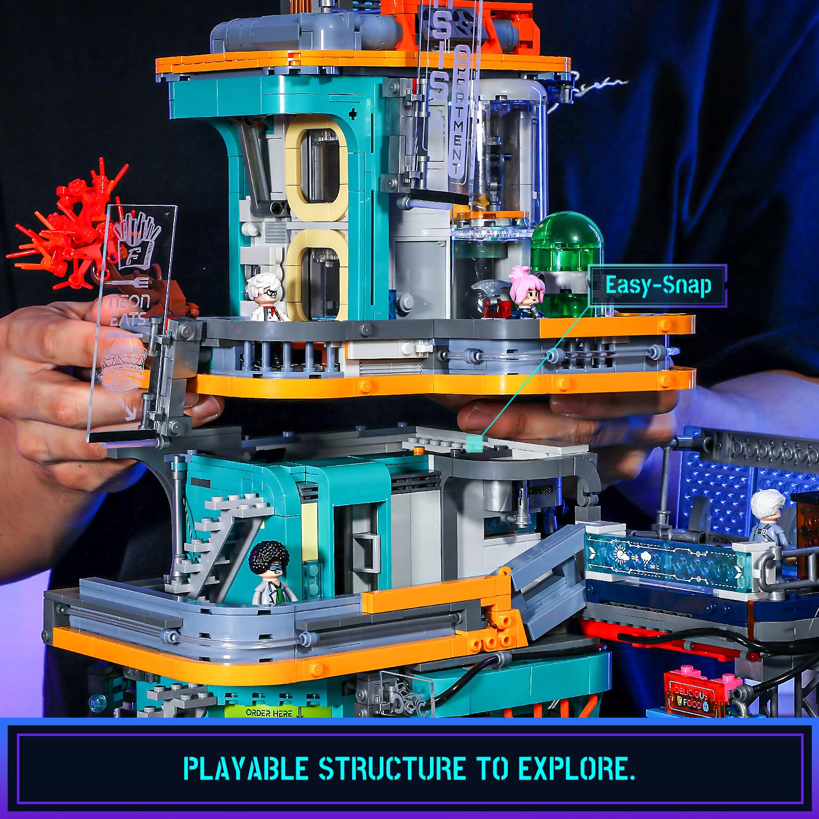 FUNWHOLE Cyberpunk-Villa Beleuchtetes Baustein-Set – 2524 Teile Zukunftsstadt-Modulgebäude Bausatz, Ideales Ausstellungsstück für Erwachsene und Sci-Fi-Fans 2
