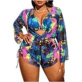 WDIRARA Women's Plus Size 3 Piece Graphic Bikini Sets Halter Swimsuits with Cover Up Rompers