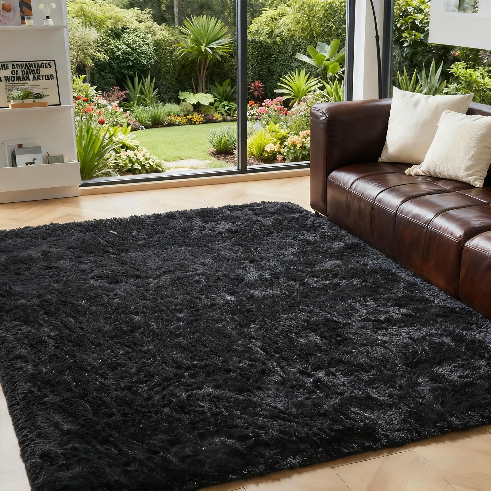 OMERAI Living Room Rug Anti SlipFluffy Rugs Faux Fur Carpet Bedroom Velvet Rug Plush Shaggy Area Rugs Modern Floor Mat (Black, 90 * 150cm)